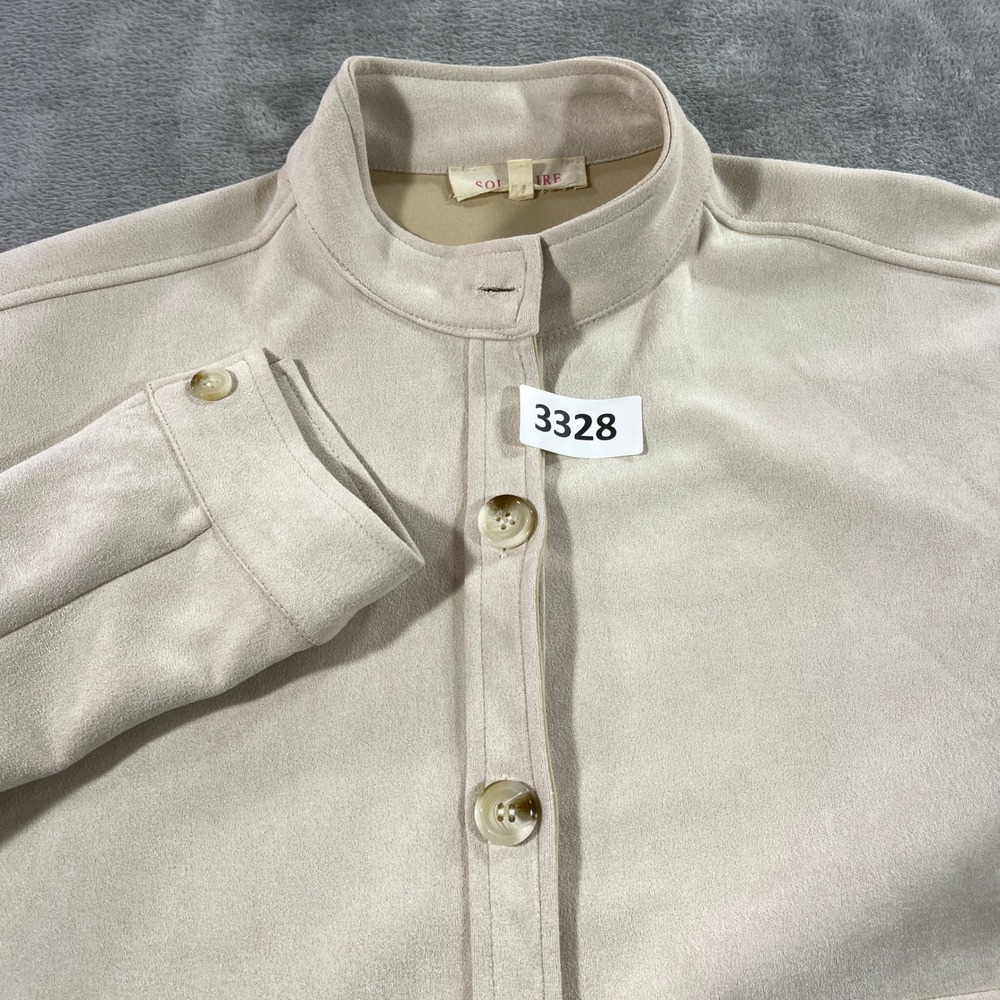 Solitaire Faux Suede Jacket Women Small Beige Floral Embroidered Mock Neck